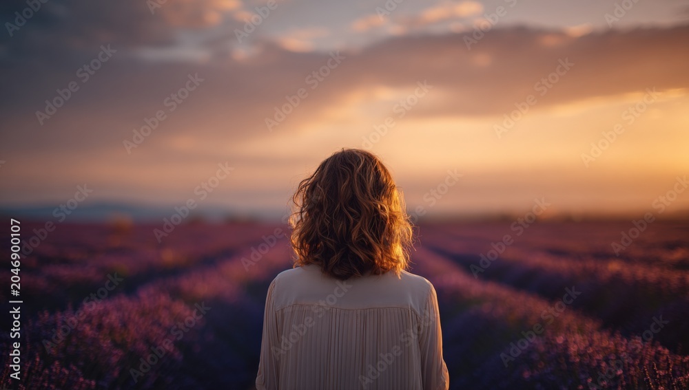 Fototapeta premium Woman Standing in Lavender Field at Sunset with Warm Light and Serene Atmosphere