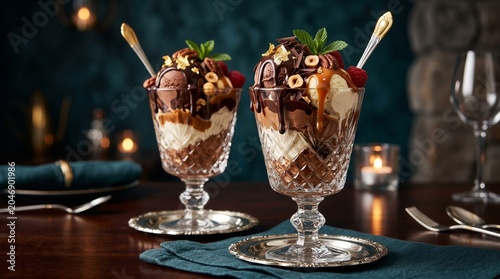 Two elegant crystal sundae glasses filled with decadent ice cream desserts