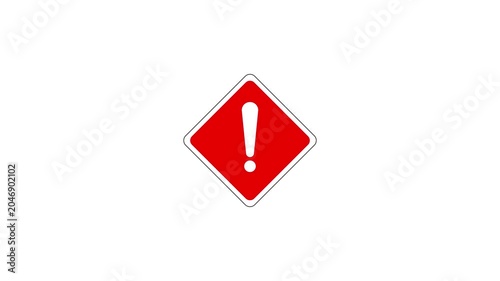 Red Exclamation Mark Warning Sign Inside Diamond Frame on White Background, Alert Concept