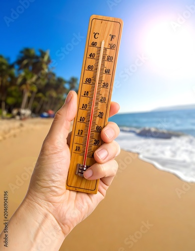 Hand holding thermometer on sunny beach.