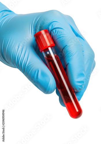 Blood sample in test tube held by gloved hand isolated on transparent background
