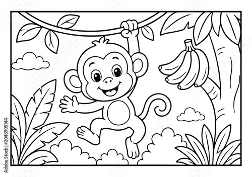 Photography Cute monkey hanging from a jungle vine with bananas in a fun black and white ill