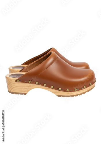 Brown leather clog shoe with wooden sole isolated on transparent background