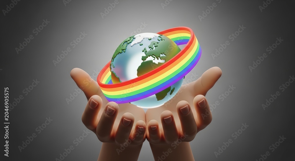 Fototapeta premium Hands holding a rainbow globe earth.