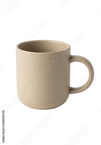Simple beige ceramic mug with handle isolated on transparent background