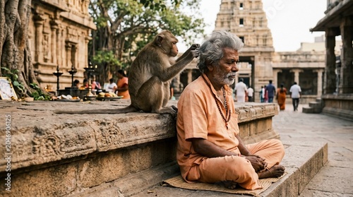 A monkey grooming an elderly Indian holy man at a Hindu temple.