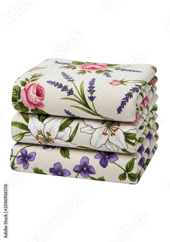 Floral patterned folded bed sheets stack isolated on transparent background