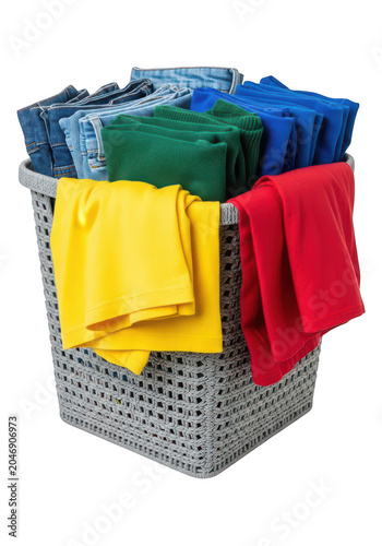Colorful folded clothes in a laundry basket isolated on transparent background
