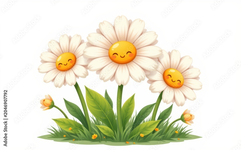 Fototapeta premium Three smiling daisies with green leaves and grass on a white background.