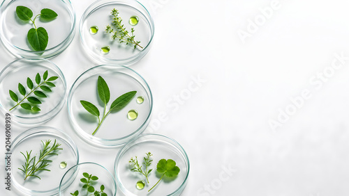 Botanical Herb Samples in Petri Dishes with Copy Space