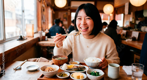 Happy young woman eating traditional Japanese healthy set meal at restaurant