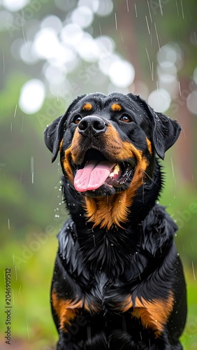 Happy Rottweiler dog in the rain.
