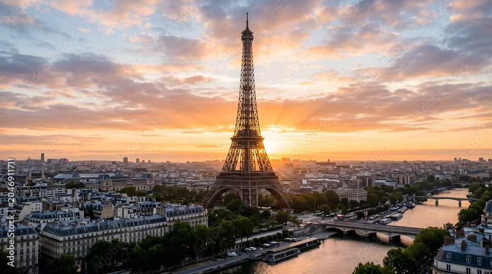 Naklejka premium Eiffel Tower at Sunset Overlooking Paris Cityscape