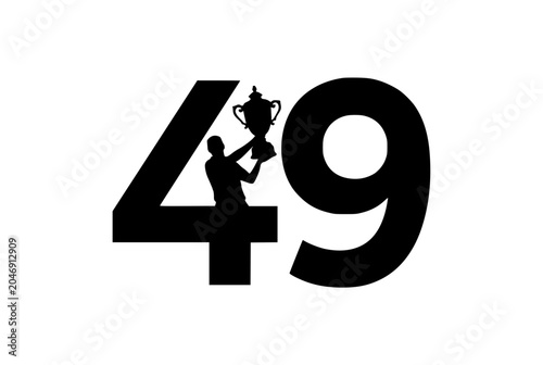 Silhouette of number 49 with a person holding a victory trophy cup