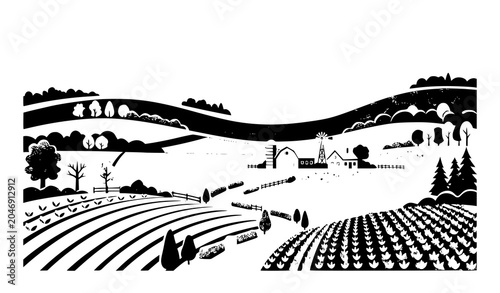 Peaceful Countryside Farm Landscape with Fields and Hills Vector Illustration Concept