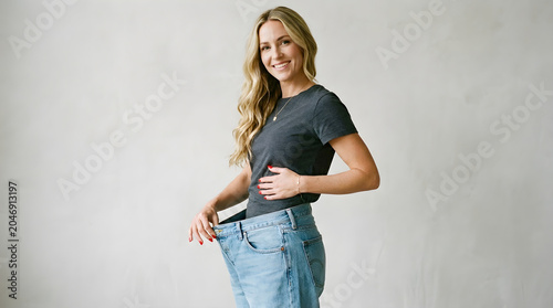 Smiling blonde woman wearing oversized blue denim jeans to demonstrate significant weight loss and a healthy lifestyle body transformation change