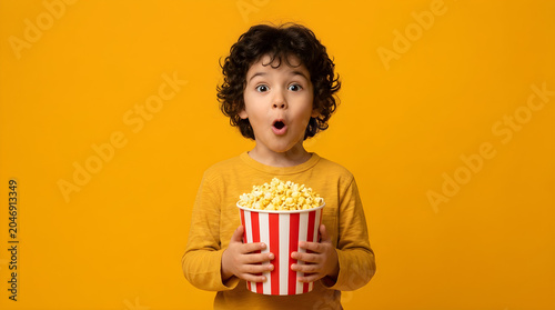 A surprised young boy with curly hair holds a striped bucket of fresh popcorn while wearing a mustard yellow shirt