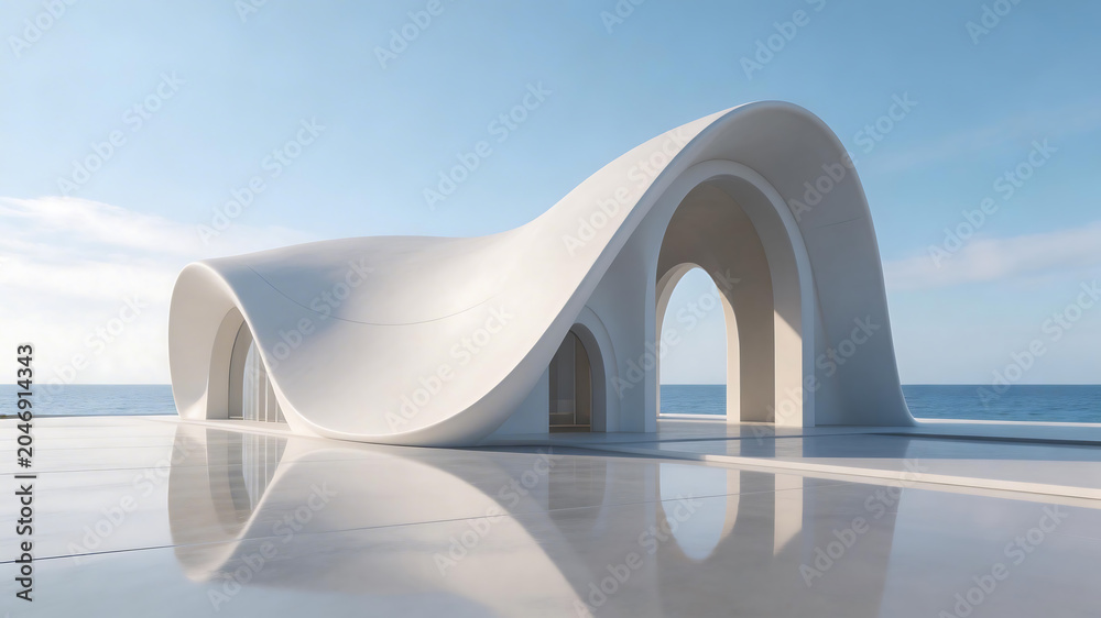 Fototapeta premium Modern white wavelike building by the sea emphasizing the majestic scale of the natural world
