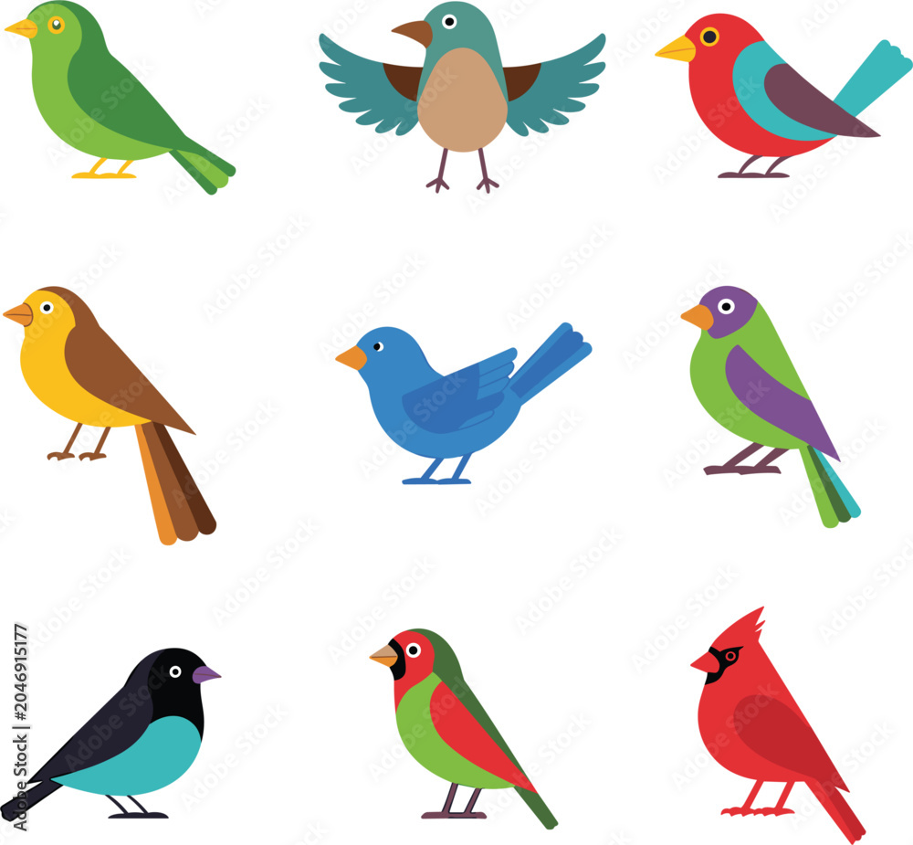 Fototapeta premium Colorful Cartoon Birds Collection, Cute Songbird Characters Flat Vector Illustration Set Design