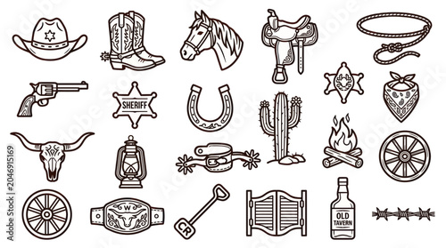 Wild West Cowboy Vector Icons: Horse, Boots, Hat, Gun, Cactus, Sheriff Badge
