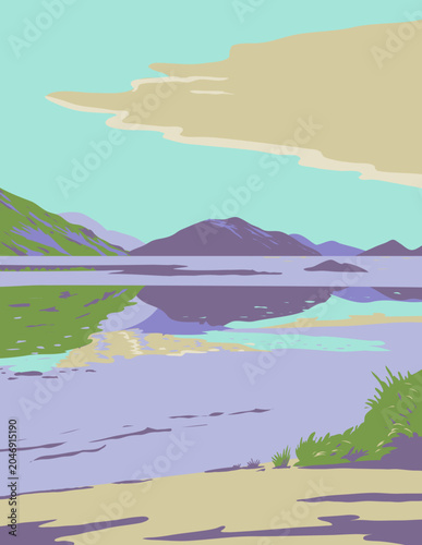 WPA poster art of the Head of Lake Wakatipu in the northernmost end near Glenorchy in the South Island of New Zealand done in works project administration or federal art project style.