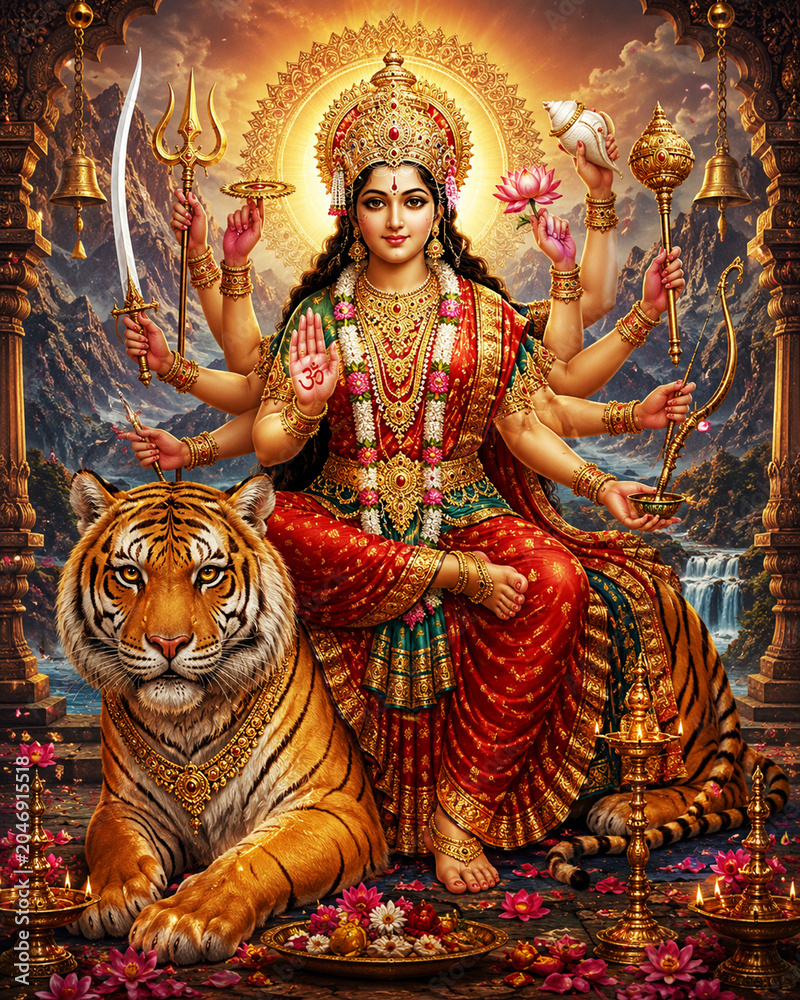 Fototapeta premium Beautiful devotional artwork of Goddess Durga Mata seated majestically on a tiger, adorned with a golden crown, traditional red saree, divine ornaments, and multiple arms holding sacred weapons.