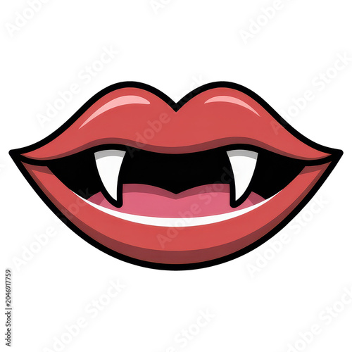 Vampire Kiss: A pair of luscious red lips parted to reveal sharp, menacing vampire fangs, hinting at a dangerous allure and gothic fantasy.