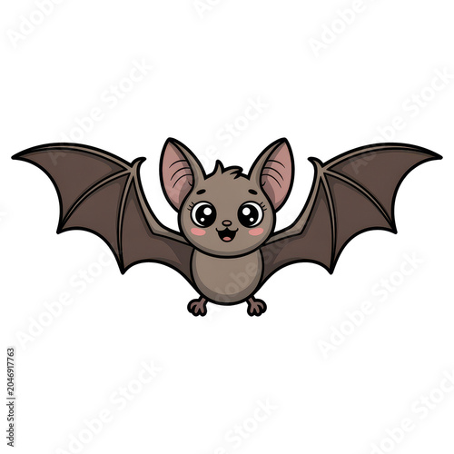 Cute Bat Illustration: A charming cartoon bat with large eyes and outstretched wings is depicted in a friendly, approachable style, ready for Halloween fun or any creative project.