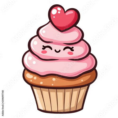 Sweet Valentine Cupcake: A charming cartoon cupcake with pink frosting, a heart topper, and a cheerful face, embodying love and sweetness, perfect for Valentine's Day or any sweet occasion.