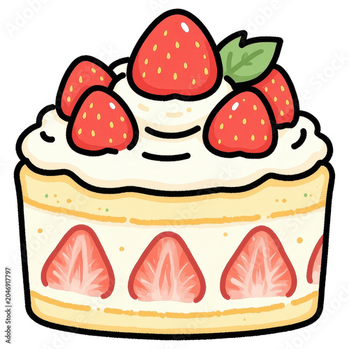 Strawberry Shortcake Delight: A vibrant illustration of a classic strawberry shortcake, adorned with fresh strawberries and whipped cream, promising a sweet and delightful treat.
