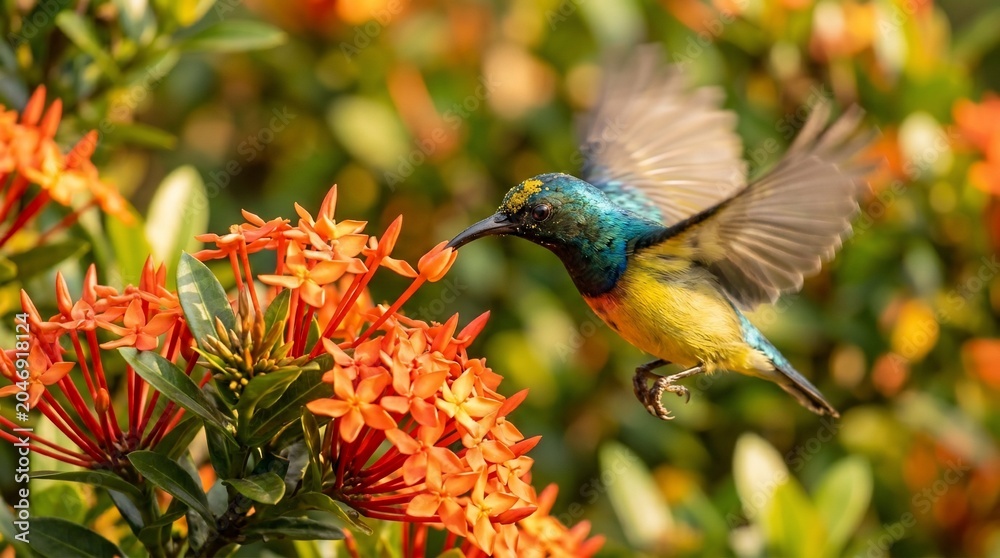 Fototapeta premium A vibrant sunbird feeding on orange ixora flowers in nature.