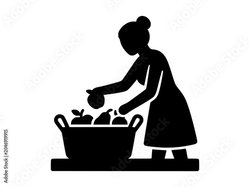 Woman Harvesting or Sorting Fruit in a Basket Silhouette Icon