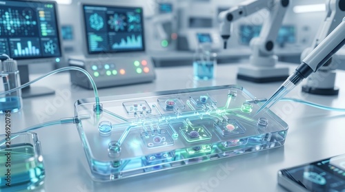 Advanced lab-on-a-chip microfluidic device with glowing circuits
