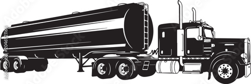 Black and white vector illustration of a semi truck tanker trailer designed for commercial fuel transport cargo logistics distribution and industrial petroleum delivery industries