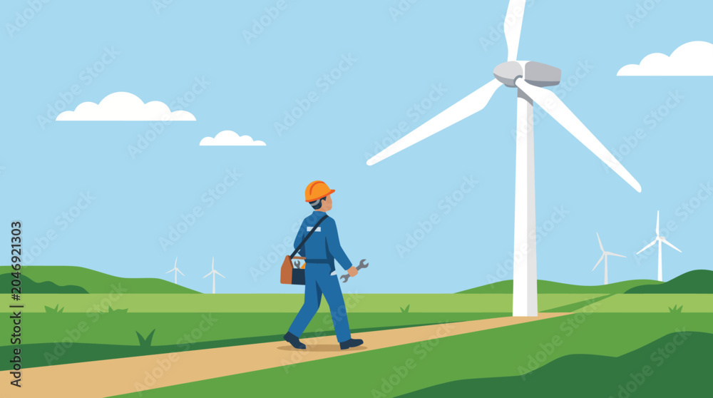 Obraz premium Engineer walking toward wind turbine in green field for maintenance