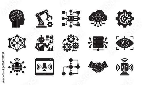 Advanced technology and artificial intelligence icon set, cloud computing and cyber security icons