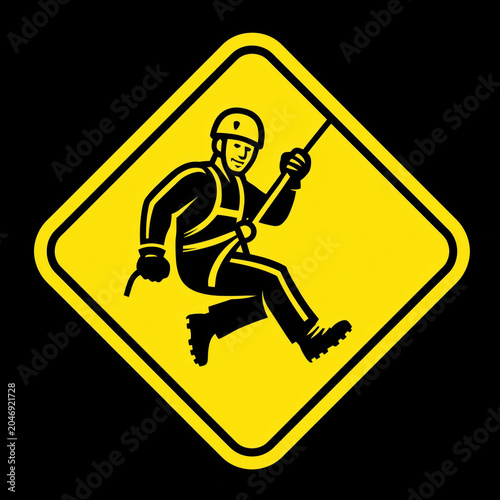 Yellow diamond shaped warning street sign icon of a zipliner person riding a zip line on a black background created with Generative AI Technology, ai, generative