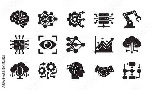 Big data, cloud computing, and artificial intelligence icon set, tech workflow glyph icons