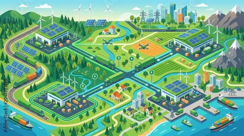 Sustainable city with renewable energy sources and green infrastructure.