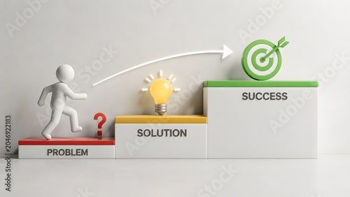Problem solution success steps concept with 3D figure, light bulb idea and target goal for business achievement