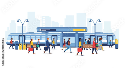 Bild auf Leinwand People walking at bus station platform.