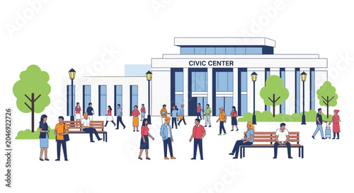 Fotografija People walking outside civic center building.