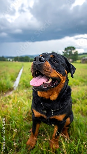 Rottweiler dog sitting in green field.