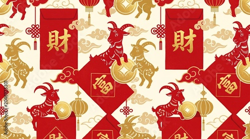 Year of the Goat 2027, Cute Lunar Goat Celebration, Chinese Zodiac Goat 2027, Red Envelope Pattern with Gold Goat Design