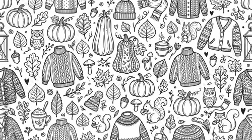 Seamless black and white pattern featuring pumpkins, gourds, squash and autumn harvest motifs in a playful doodle illustration style.