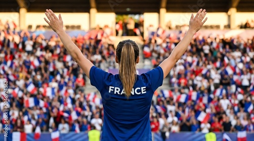 Female athlete celebrating with arms raised in front of cheering crowd at a sports event, France