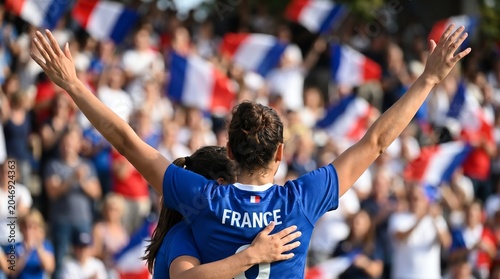 Celebration of victory French athletes with flags in the background