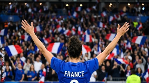 Back view of a female soccer player celebrating a victory with outstretched arms towards a massive crowd waving flags in a vibrant stadium atmosphere during a significant sporting event