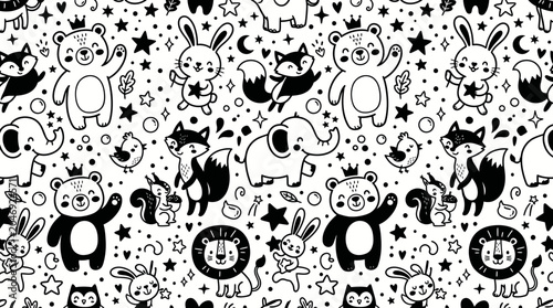 Canvas Print Playful monochrome animal doodle pattern featuring bears rabbits and cats on a starry background