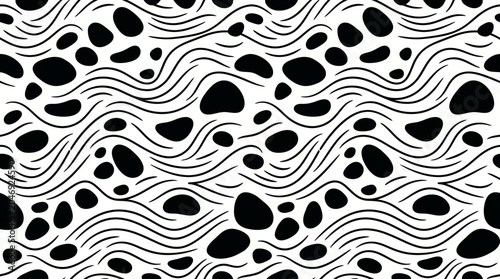 Bild auf Leinwand Abstract black and white wavy line pattern with irregular blobs and dots for texture and design